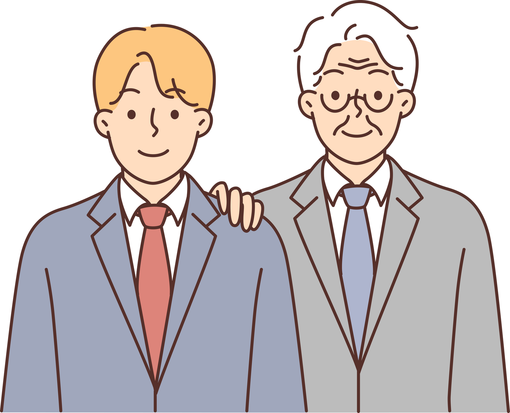 Young and old man in business suits symbolize succession of generations and inheritance